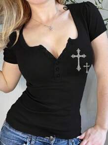 INAWLY Áo thun polo cổ bẻ in chữ thập giản dị dành cho nữ, áo thun họa tiết mùa hè dành cho nữ - màu đen - Xem 3