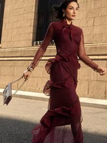 ZEYLAH DOBBY MESH TIE NECK LAYERED RUFFLE TRIM Dress
