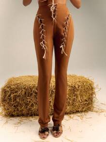 TypaGal Women's Y2K Contrast Lace Up Skinny Trousers - Brown - View 3