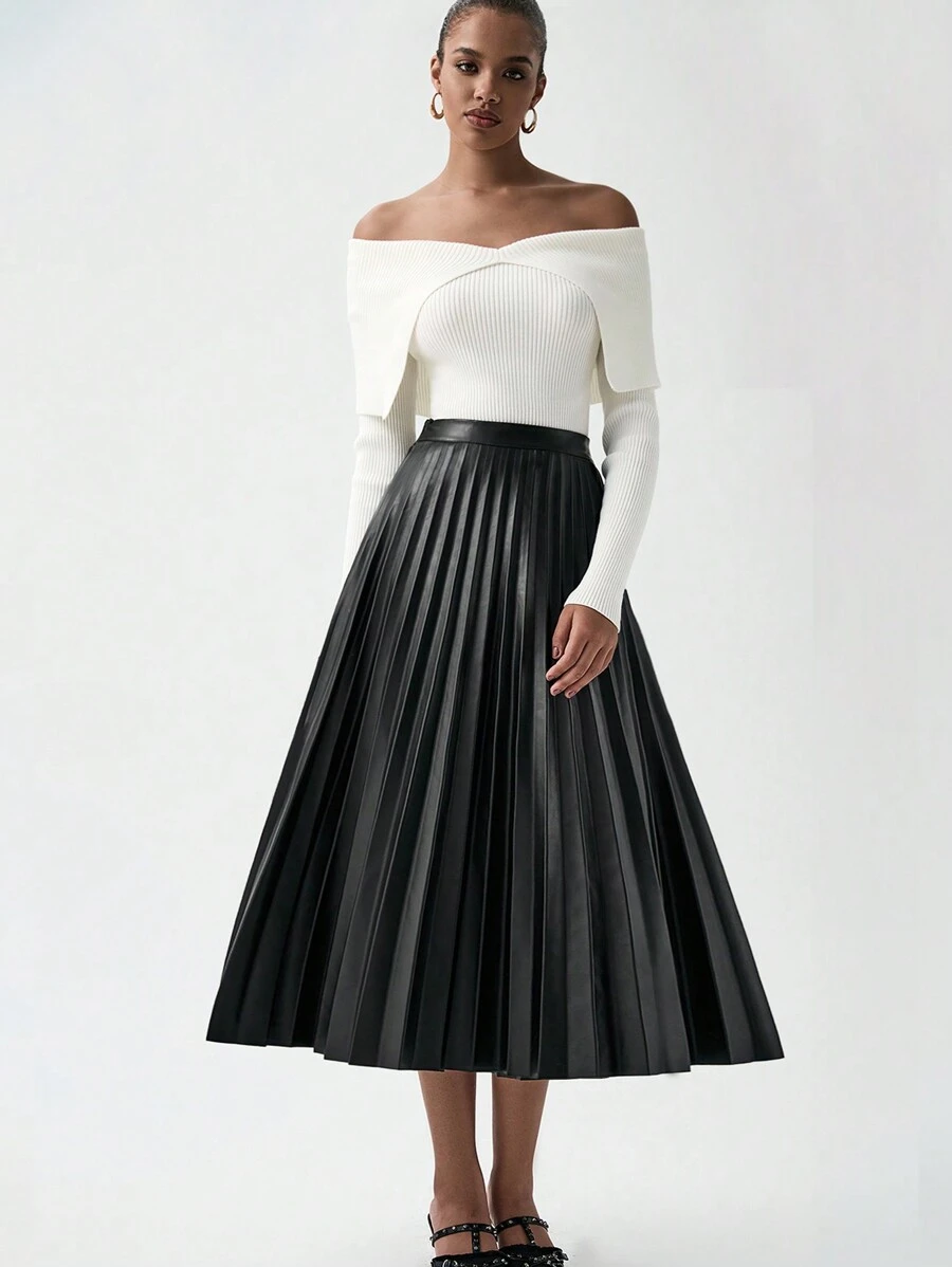 Lumivelle 优雅休闲的办公通勤风褶皱PU皮革A字中长裙 - 黑色 - 查看 1