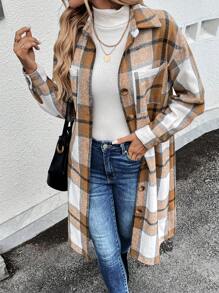 SHEIN LUNE Áo khoác nỉ dài tay họa tiết kẻ caro thường ngày cho nữ, Quần áo mùa thu - Nhiều màu - Xem 3