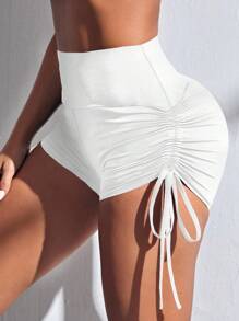 Menodora SHEIN Sport Solid Color Side Drawstring Waist Loose Sports Shorts Spandex Short - White - View 4
