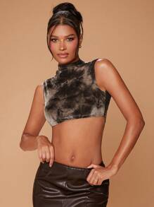 Hauture Open Back Tie Dye Print Flocking Top , Backless Top - Coffee Brown - View 4