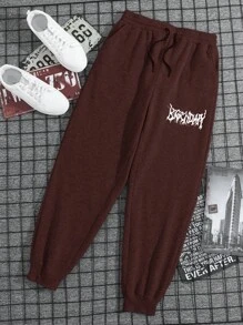 RueChic Men's Basic Gothic English Printed Slim-Fit Sweatpants - Brown - View 3