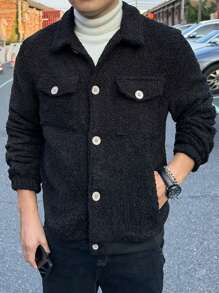 Manfinity Homme Chaqueta tipo teddy con bolsillo con solapa talla grande para hombre