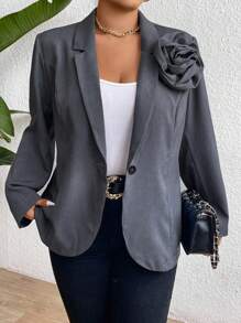 SHEIN Clasi Plus Size Women's Solid Color Notched Collar Long Sleeve Elegant Floral Decor Blazer Jacket - Grey - View 4