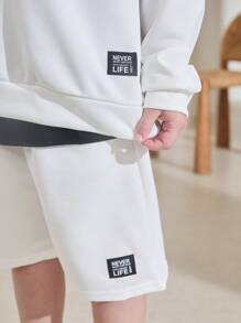 SHEIN Tween Boy Letter Patched Detail Hoodie & Shorts - White - View 5