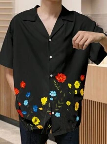 Manfinity Hypemode 男士花卉印花宽松短袖休闲衬衫 - 黑色 - 查看 1
