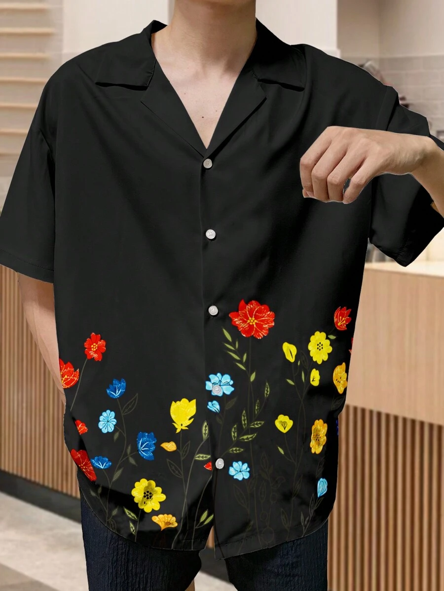 Manfinity Hypemode 男士花卉印花宽松短袖休闲衬衫 - 黑色 - 查看 1