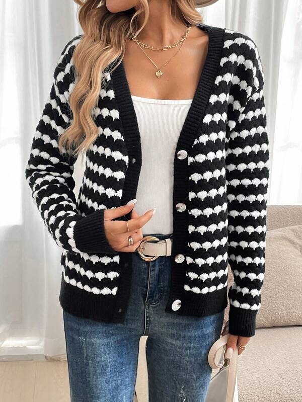 SHEIN LUNE Women's Elegantly Casual Open Front Knit Cardigan With Black & White Striped Buttons, Warm For Fall/Winter Fall Clothes Women Office Wear Women Office Wear Business Casual Woman Airport Outfit Travel Outfit Airport