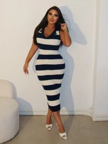 Zolique Women Stripe Fitted Sleeveless Sweater Dress, Spring Autumn