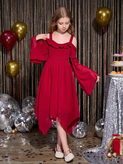 SHEIN Tween Girls Elegant Burgundy Long Dress, Suitable For Prom, Party, Birthday, Holiday Events Like Halloween, Christmas, Easter