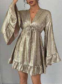 Chiquease Vestido de midi de manga campana con acabado metálico y escote en V para mujer, ropa para fiestas de Año Nuevo y primavera/otoño - Dorado - Ver 3