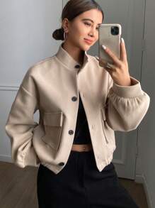 DAZY Solid Color Stand Collar Pocket Short Jacket For Women,Fall Clothes - Apricot - View 6