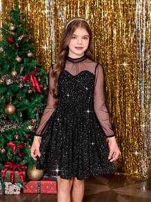 Tween Girl 网眼长袖闪光面料派对礼服，适合婚礼、派对、圣诞节