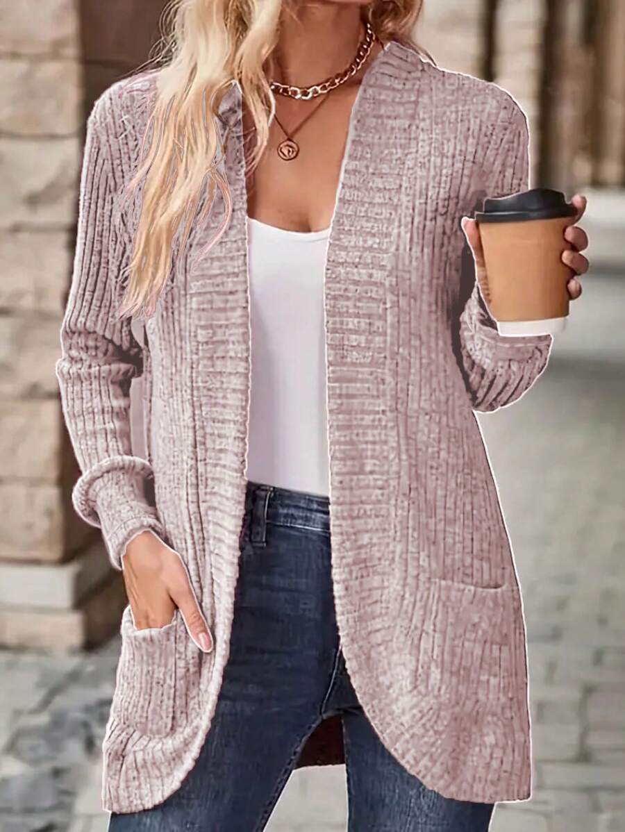 EMERY ROSE Women's Casual Ribbed Brushed Open Front Side Pocket Shorts Jacket, Lightweight Fall Winter Cloth For Women - Pink - View 1