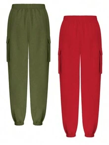 Chiquease 2 条装女式纯色口袋褶皱休闲工装裤 - 彩色 - 查看 2