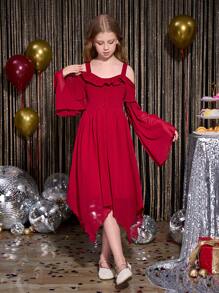 SHEIN Vestido longo elegante Borgonha para meninas pré-adolescentes, adequado para baile de formatura, festa, aniversário, eventos de feriados como Halloween, Natal, Páscoa