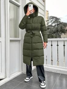 RueChic Áo khoác có mũ trùm đầu màu trơn thường ngày dành cho nữ, mùa đông - xanh quân đội - Xem 3