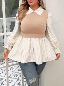 Nubod Plus Size Women Casual Patchwork Striped Mock 2 Pieces Top For Spring And Autumn Fall Cloth For Women - Khaki - View 5