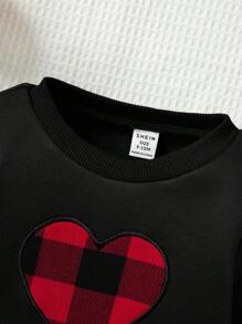 SHEIN Leap Crew 2pcs Baby Girls' Cute Plaid Heart Pattern Fleece Sweatshirt And Pants Christmas Set - Black - View 3