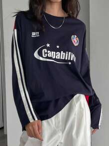 DAZY Women's Casual Loose Letter Print Round Neck Drop Shoulder Long Sleeve T-Shirt, Spring And Autumn,Graphic Tees