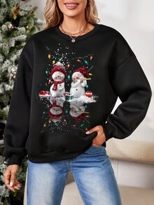 SHEIN LUNE Áo nỉ dài tay cổ tròn in hình người tuyết 3D đơn giản, thoải mái, vừa vặn, dày, dành cho nữ, phù hợp cho mùa thu và mùa đông - màu đen - Xem 4
