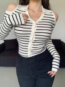 DAZY Plaid Patchwork Slim Fit V-Neck Knit Cardigan,Fall Clothes - Black and White - View 1