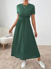 SHEIN Essnce 女士休闲纯色抽绳腰夏季连衣裙 - 墨綠色 - 查看 5