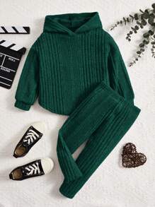 2 件装女婴罗纹连帽衫和长裤休闲装 - 綠色 - 查看 4
