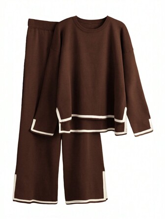 2 件套女式针织套头衫和裤子套装，休闲拼色服装，适合秋冬季