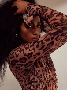 Forever 21 Modische Bluse mit Leoparden Muster und Netzstoff, Vorderbindung, für Frühling & Sommer