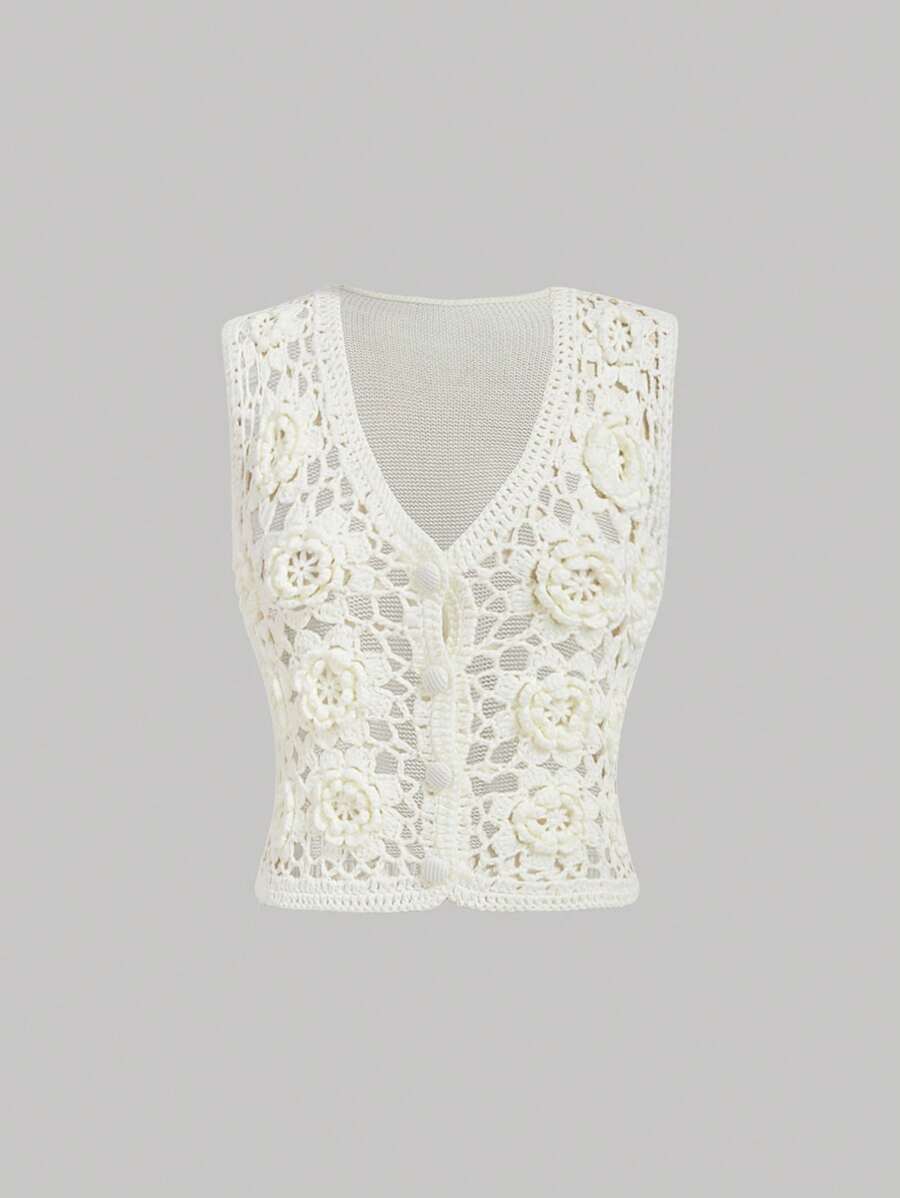 SHEIN MOD 女式白色花卉刺绣针织背心，复古风格，秋季 - 米色 - 查看 1