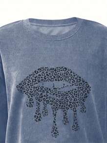 INAWLY Plus Size Women Spring Autumn Leopard & Lip Print Crew Neck Long Sleeve Casual T-Shirt, For Winter Fall Cloth For Women - Blue - View 5