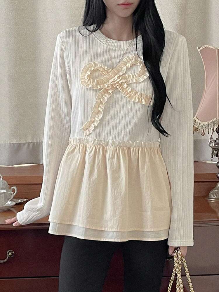 Women's Spring/Autumn Long Sleeve Crew Neck Knit Top With Bowknot Decor And Ruffle Hem