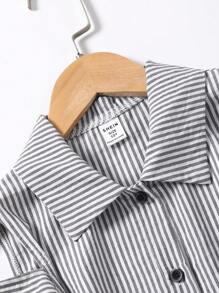 青少年女孩时尚长袖露肩条纹衬衫 - 黑與白 - 查看 3