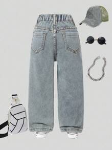SHEIN Celana Kargo Denim Lurus Warna Biru Muda dengan Banyak Kantong, Sobek, dan Banyak Saku, Gaya Streetwear Vintage untuk Anak Perempuan, Cocok untuk Sekolah, Kampus, atau Perguruan Tinggi. - Light Wash - View 2