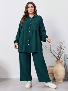 Graceveil Set de 2 piezas de pantalones con botones y mangas largas de unicolor de talla grande, elegantes y casuales, coordinados de 2 piezas para viajes, uso casual, hogar u ocasiones festivas