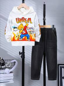 2pcs Boys' Casual Cute College Style White Hoodie With Cartoon & Letter Print And Blue Washed Straight Jeans Pants, 2-24M, Fall/Winter Outfit Set - White - View 3