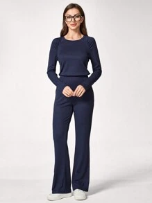 TaskEZ Set Scrub Uniforms - Simple Round Neck Long Sleeve Top And Pants - Navy Blue - View 8