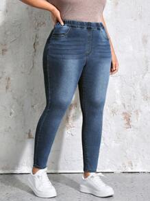 EMERY ROSE Plus Size Women Elastic Waist Denim Pants - Medium Wash - View 1
