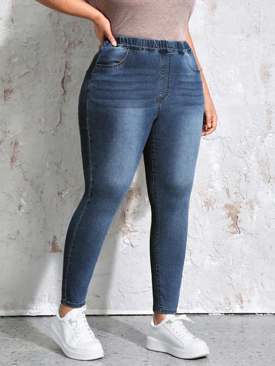 EMERY ROSE Plus Size Women Elastic Waist Denim Pants - Medium Wash - View 1
