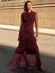 ZEYLAH DOBBY MESH TIE NECK LAYERED RUFFLE TRIM Dress