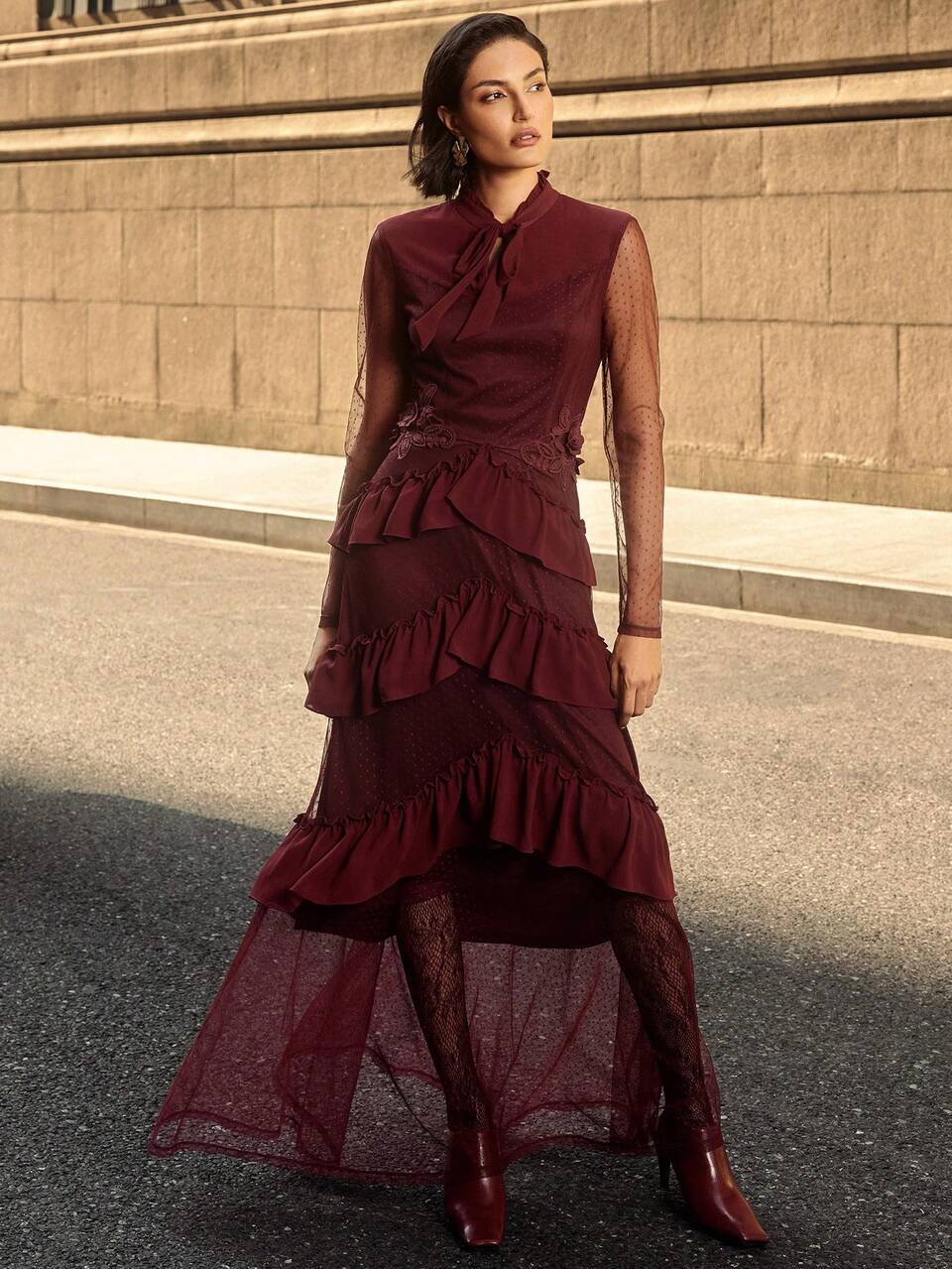 ZEYLAH DOBBY MESH TIE NECK LAYERED RUFFLE TRIM Dress