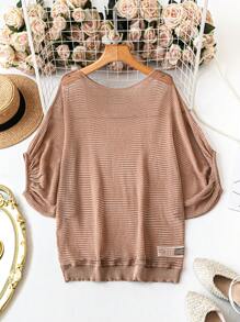 SHEIN Clasi Áo len mỏng cổ tròn tay dài màu trơn cỡ lớn thường ngày - Lạc đà - Xem 1