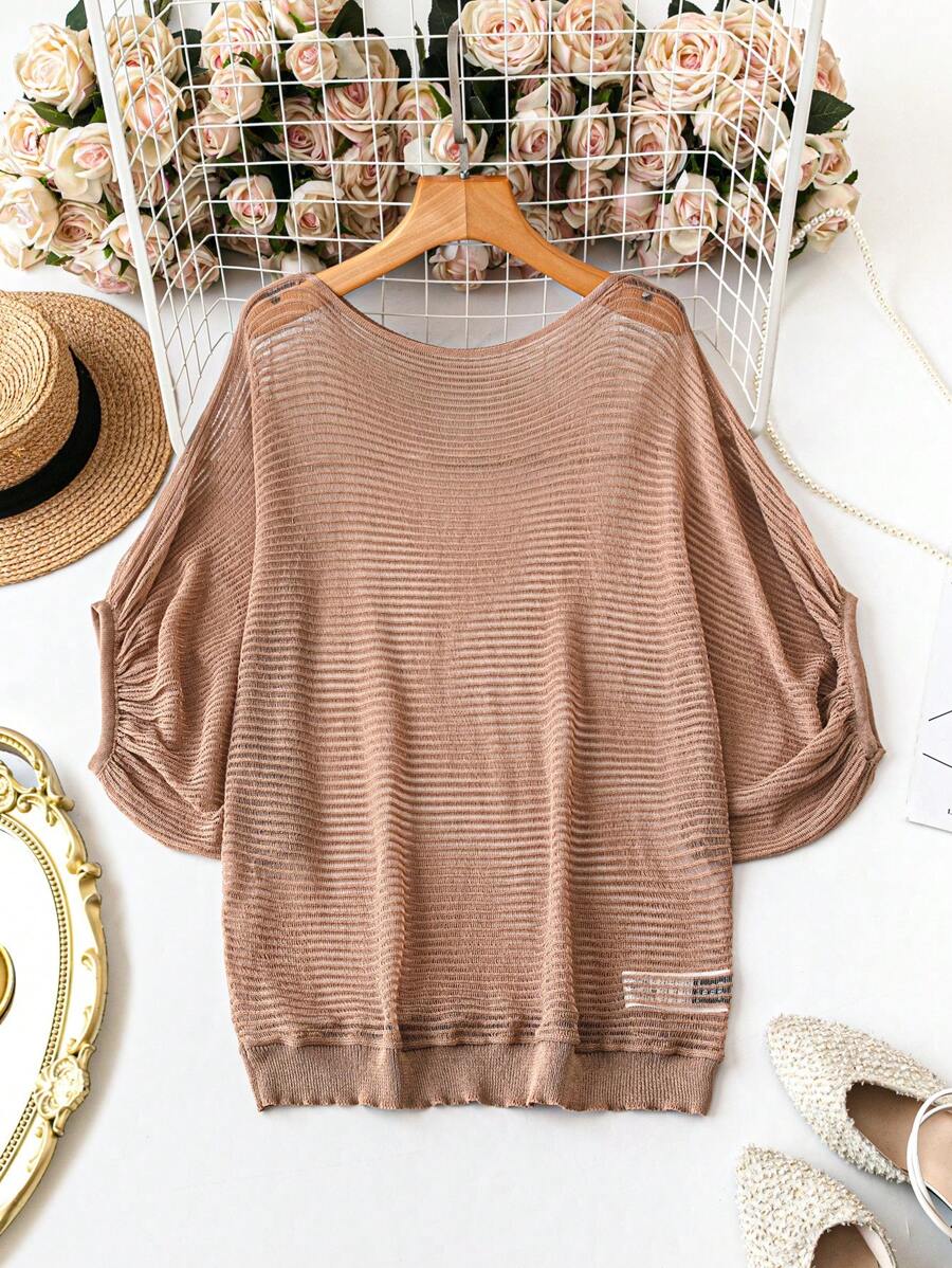 SHEIN Clasi Áo len mỏng cổ tròn tay dài màu trơn cỡ lớn thường ngày - Lạc đà - Xem 1