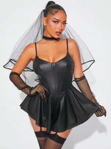 SHEIN SXY 万圣节/派对/聚会服装，黑色 PU 紧身胸衣式芭蕾紧身连衣裤 - 黑色 - 查看 4