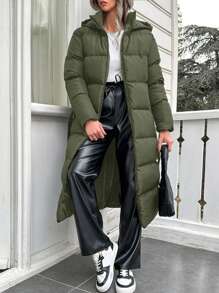 RueChic Áo khoác có mũ trùm đầu màu trơn thường ngày dành cho nữ, mùa đông - xanh quân đội - Xem 1