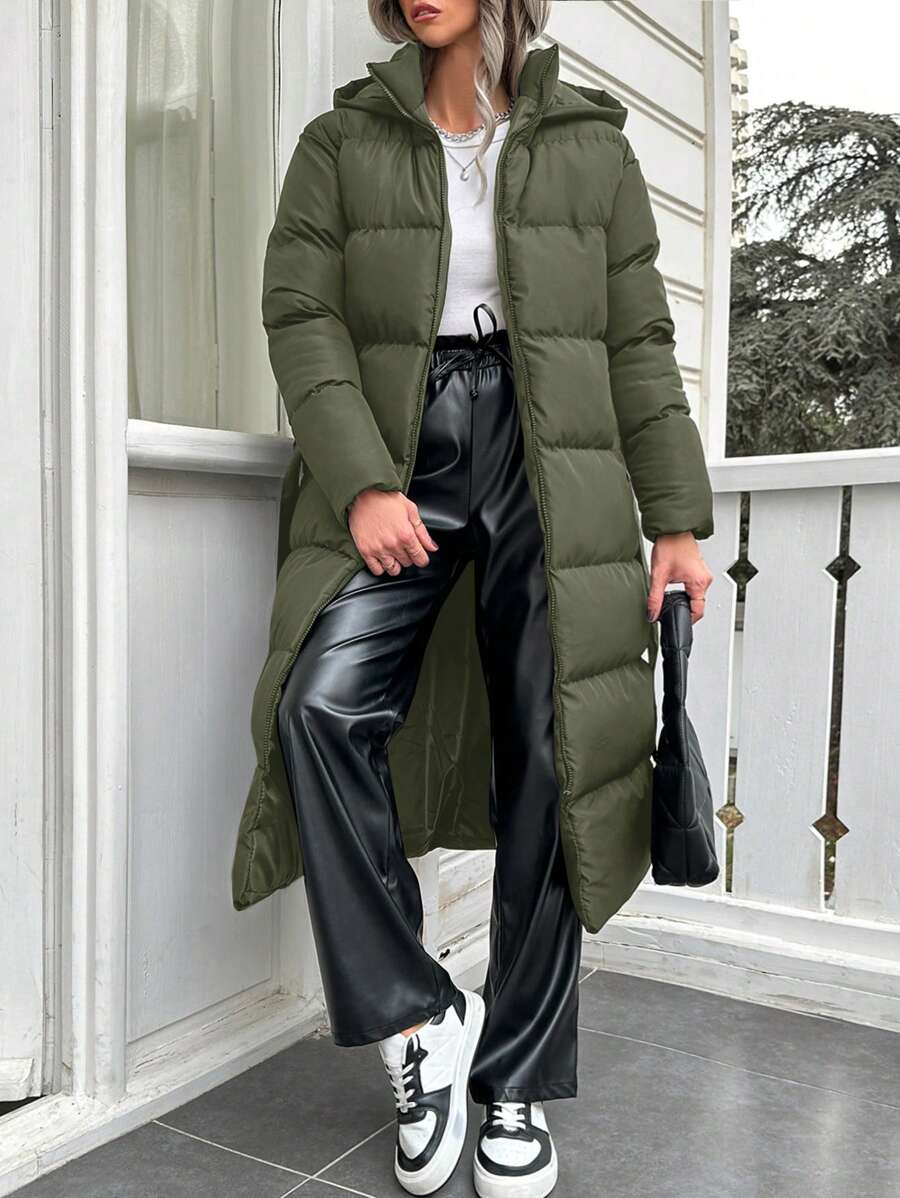 RueChic Áo khoác có mũ trùm đầu màu trơn thường ngày dành cho nữ, mùa đông - xanh quân đội - Xem 1