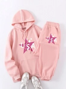INAWLY 2pcs Star & Letter Print Hooded Sweatshirt And Long Pants Set - Baby Pink - View 1